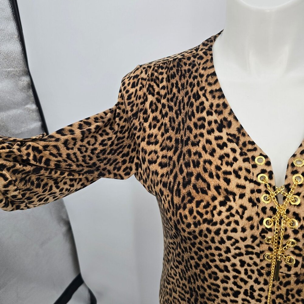 Michael Kors Sz 10 Leopard Print Slinky Stretch Dress Gold Chain Lace Up Detail - Picture 6 of 9